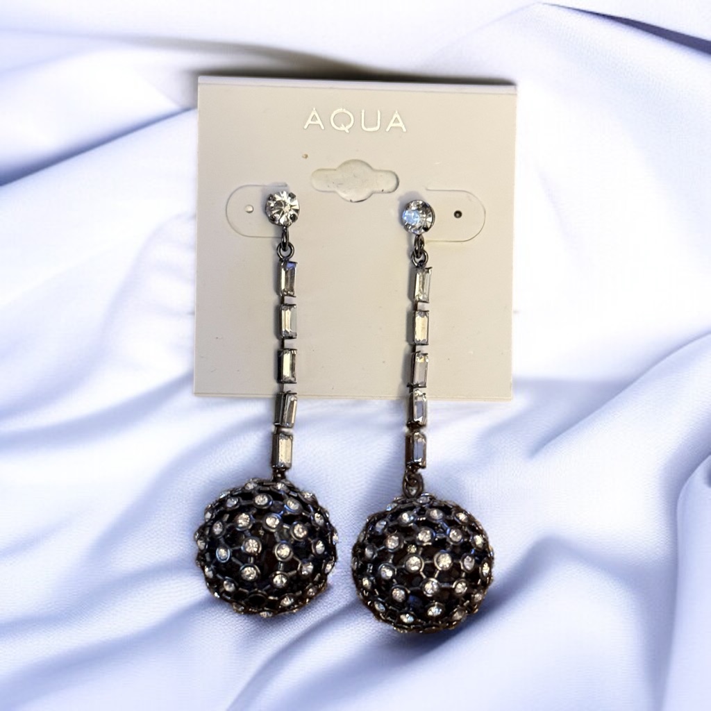Aqua Hematite Rhinestone Ball Dangle Chain Earrings